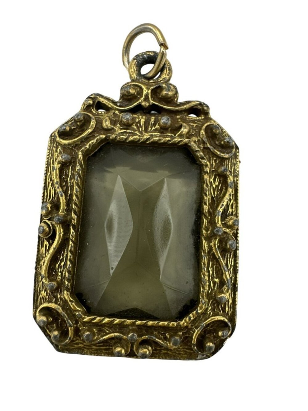 Large Pendant Emerald Cut Glass Stone Filigree Gold Tone Setting Intricate